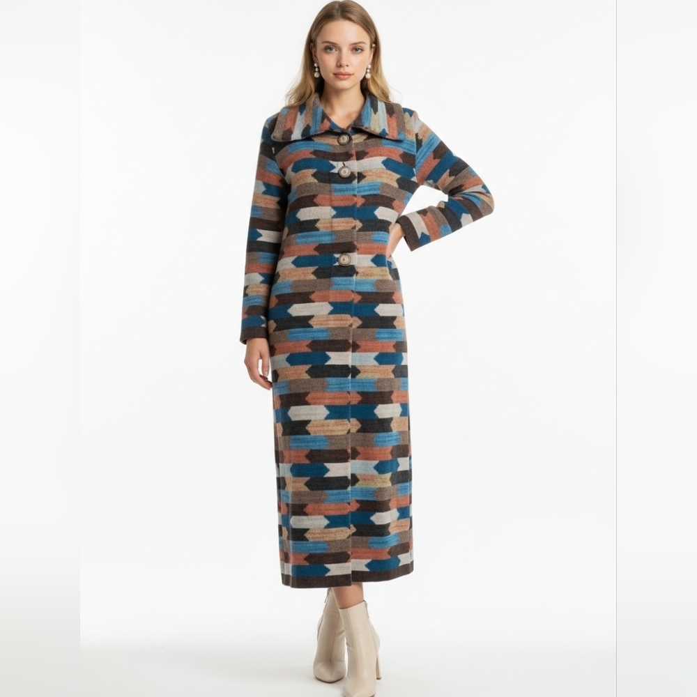 Missoni Vintage Authentic Multicolor Mohair Blend Knit Pattern Long Coat 40 S/M